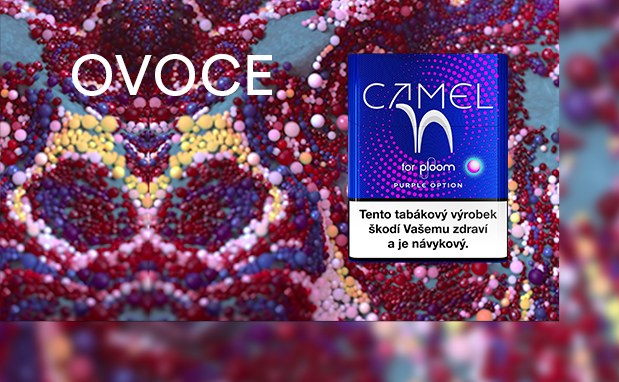 Krabička tabákových náplní Camel Purple na barevném pozadí s nápisem Purple